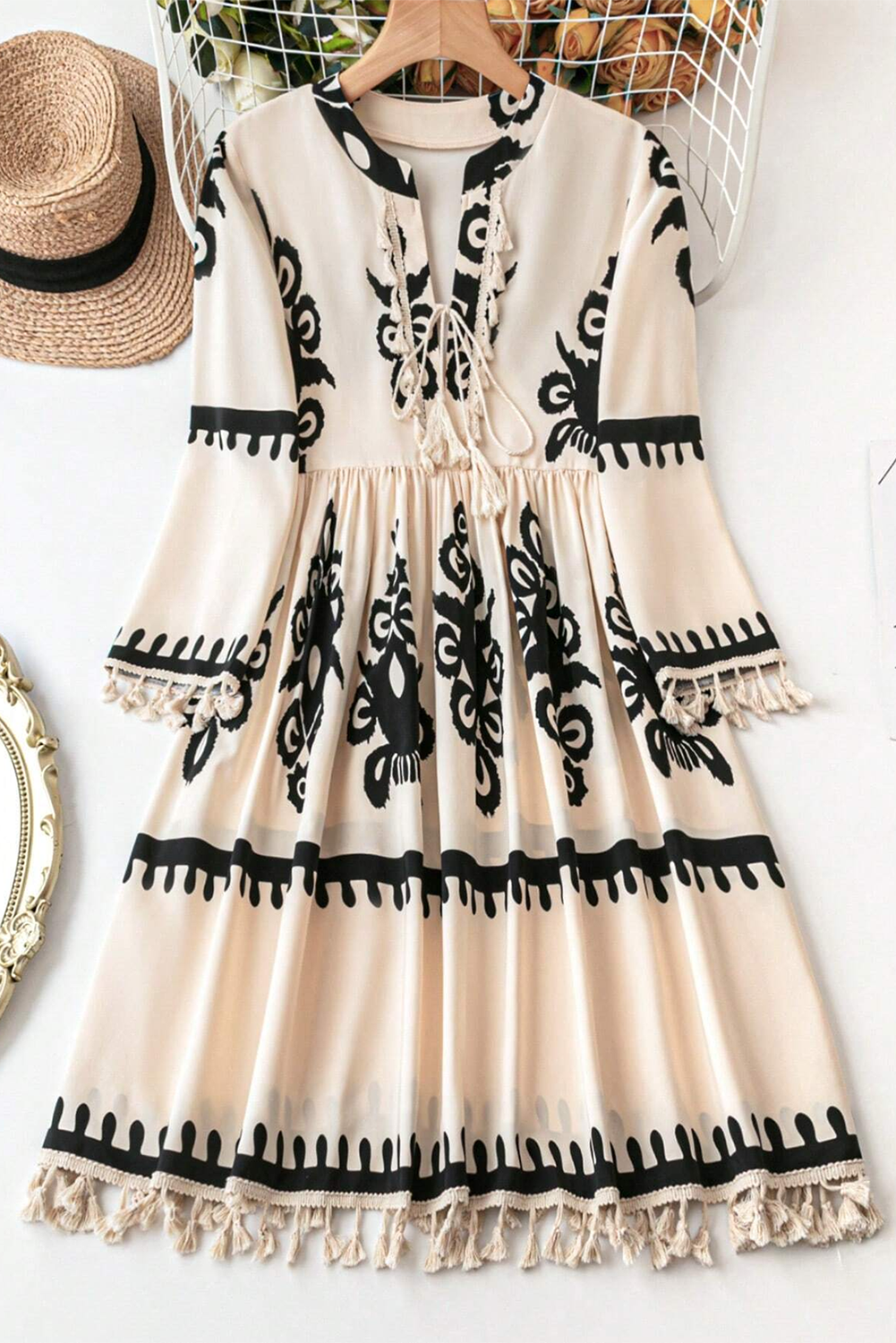 Beige Western Pattern Print Tasseled Notch V Neck Mini Dress view 8