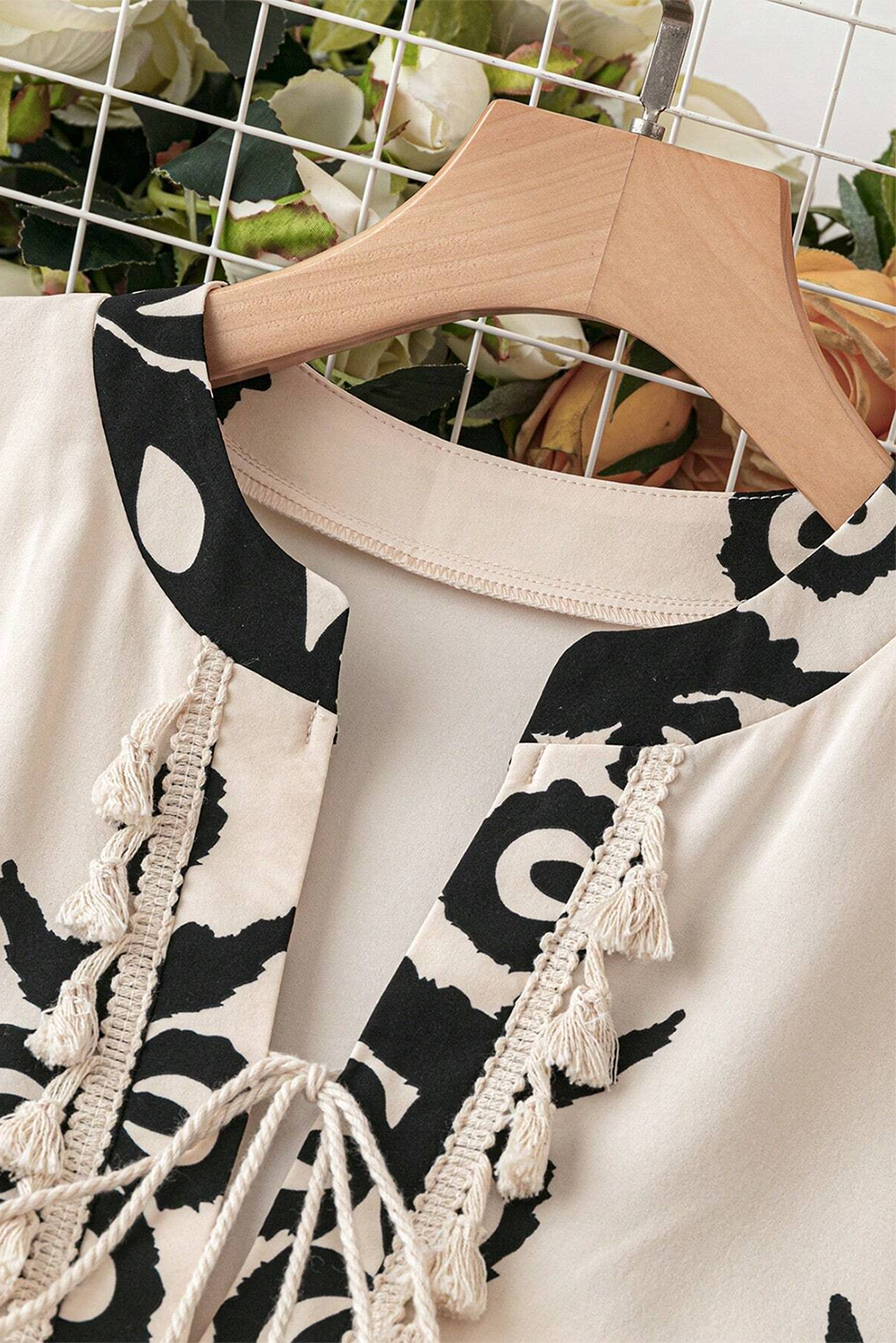 Beige Western Pattern Print Tasseled Notch V Neck Mini Dress view 11