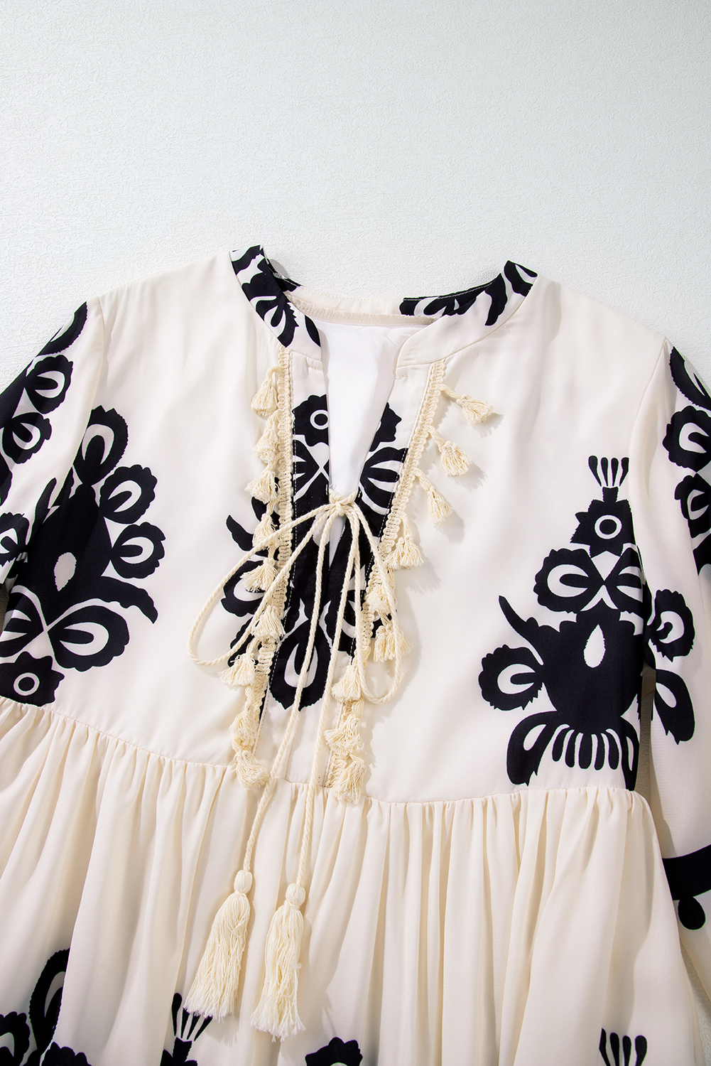 Beige Western Pattern Print Tasseled Notch V Neck Mini Dress view 15