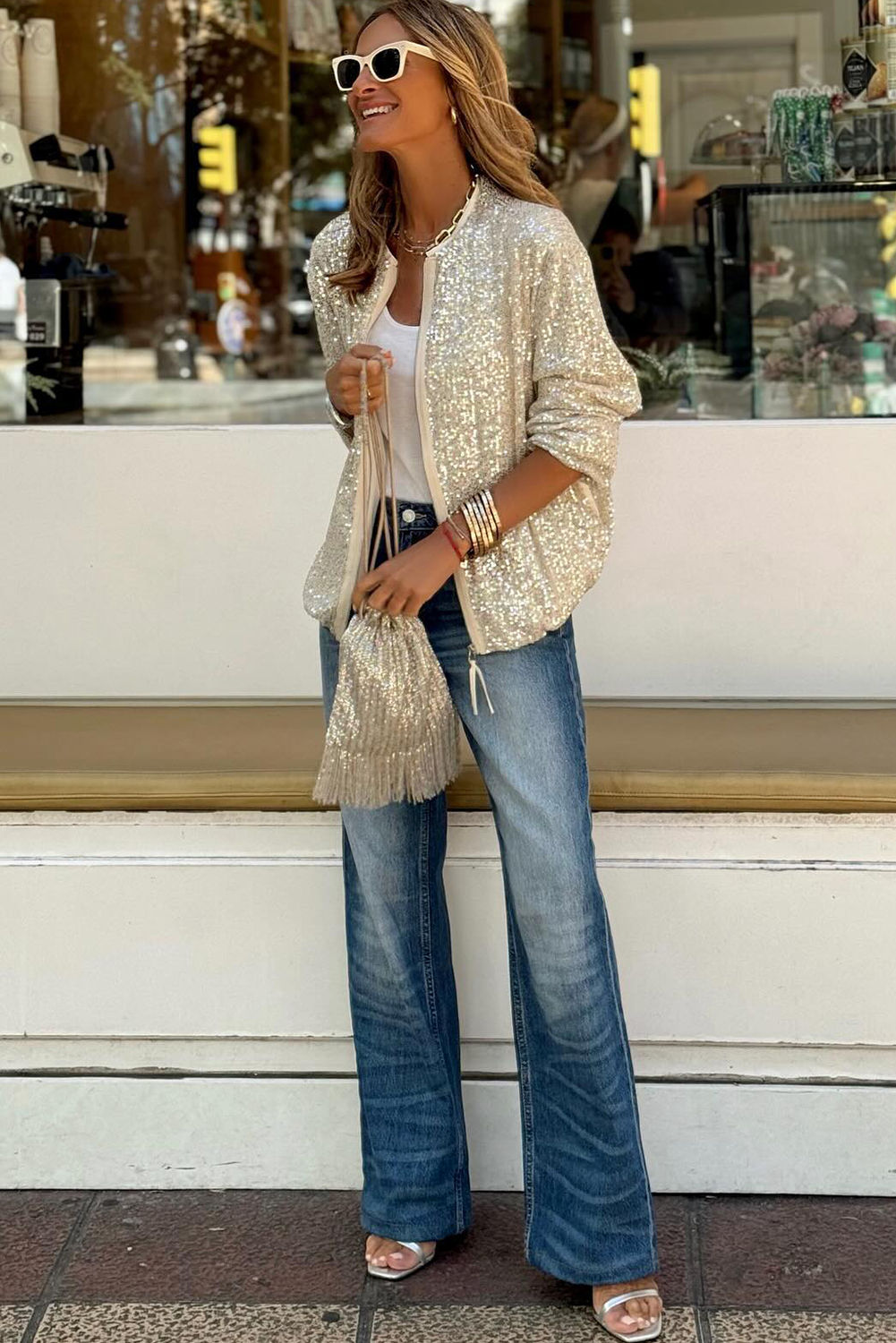 Apricot Sequin Zip up Round Neck Long Sleeve Jacket view 10
