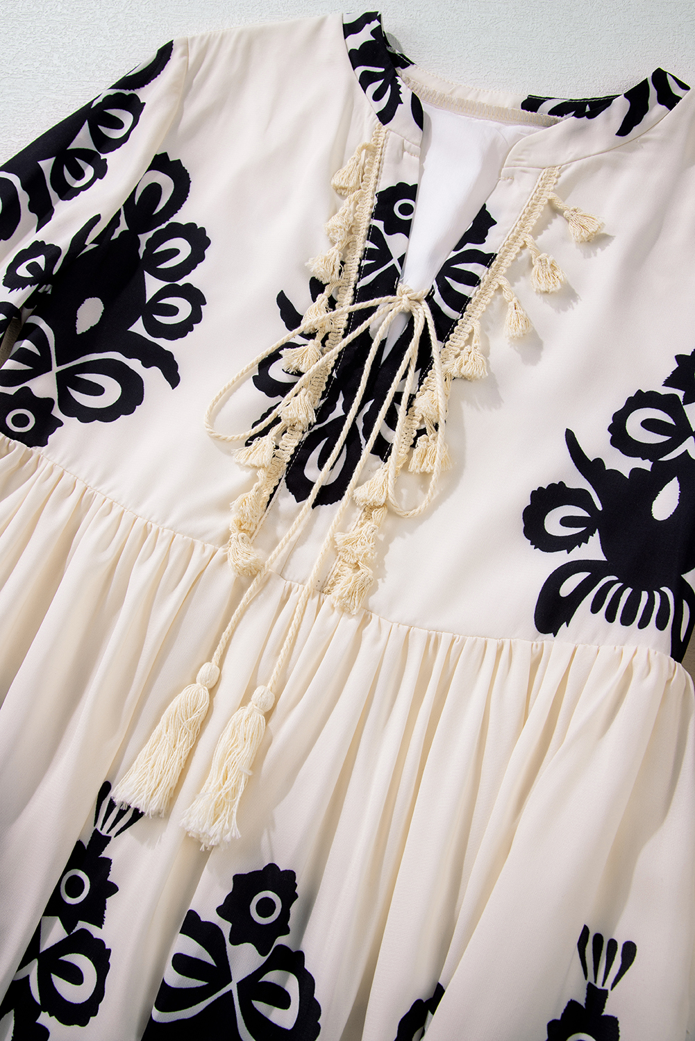 Beige Western Pattern Print Tasseled Notch V Neck Mini Dress view 16