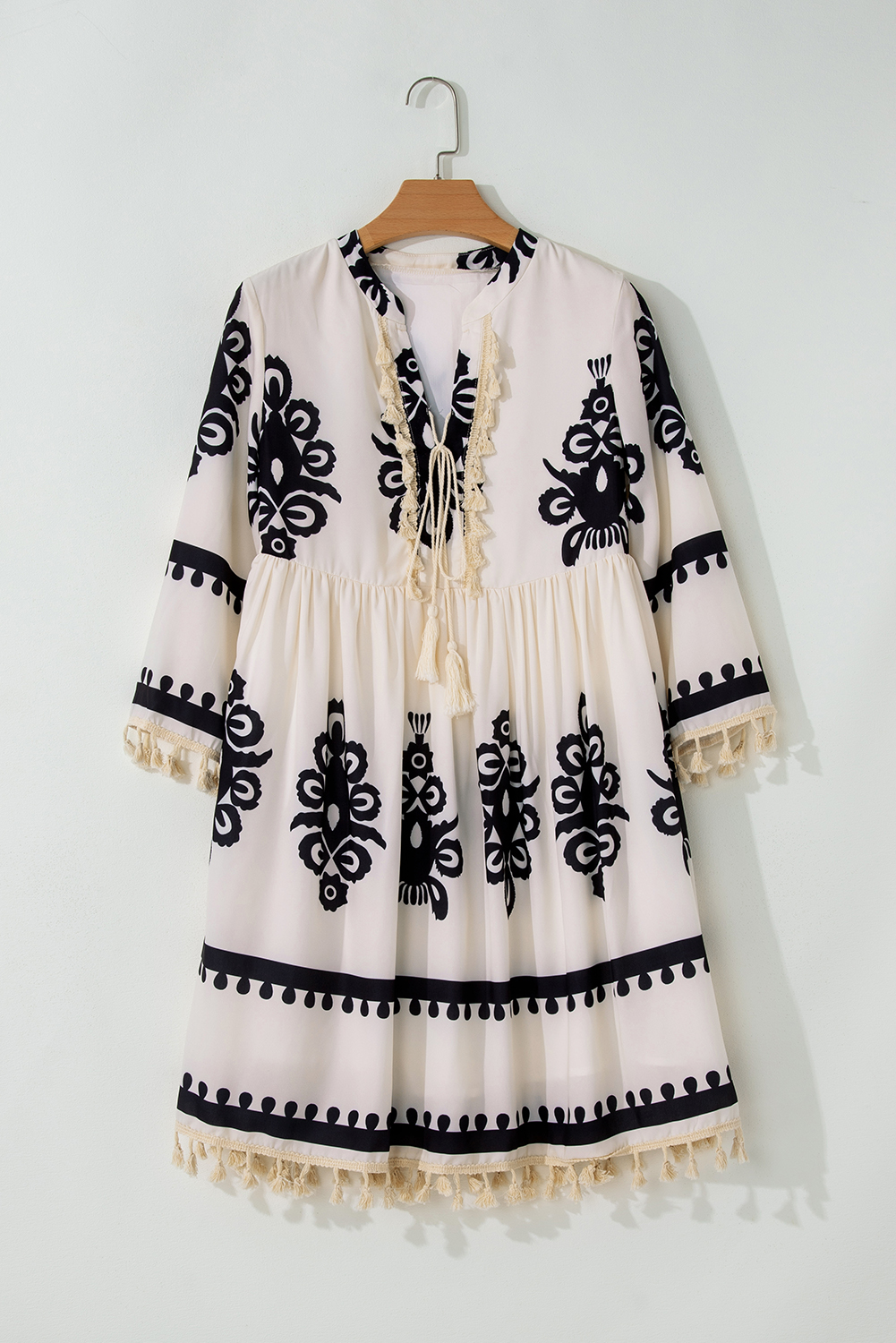 Beige Western Pattern Print Tasseled Notch V Neck Mini Dress view 13