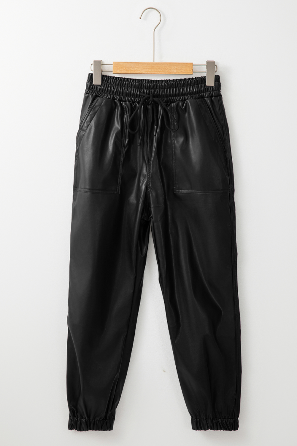 Black Faux Leather Ankle Smocked Waist Drawstring Joggers view 9
