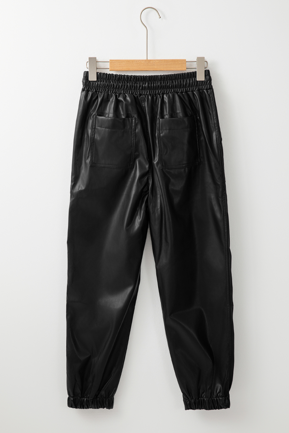 Black Faux Leather Ankle Smocked Waist Drawstring Joggers view 10