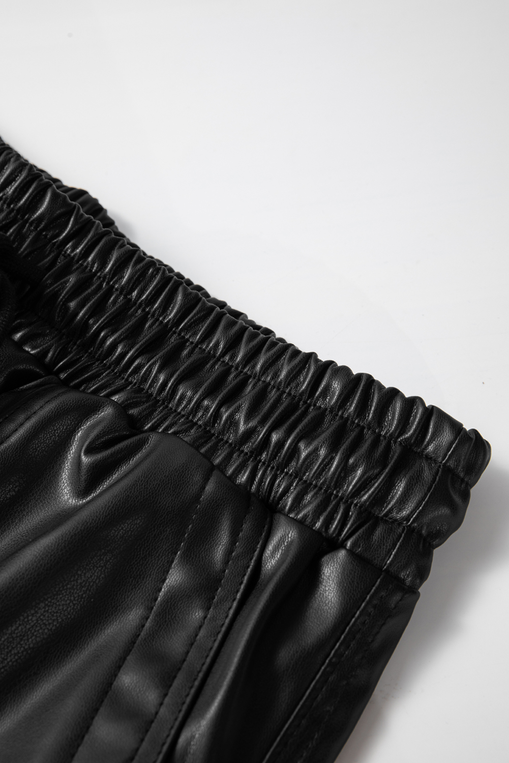 Black Faux Leather Ankle Smocked Waist Drawstring Joggers view 14