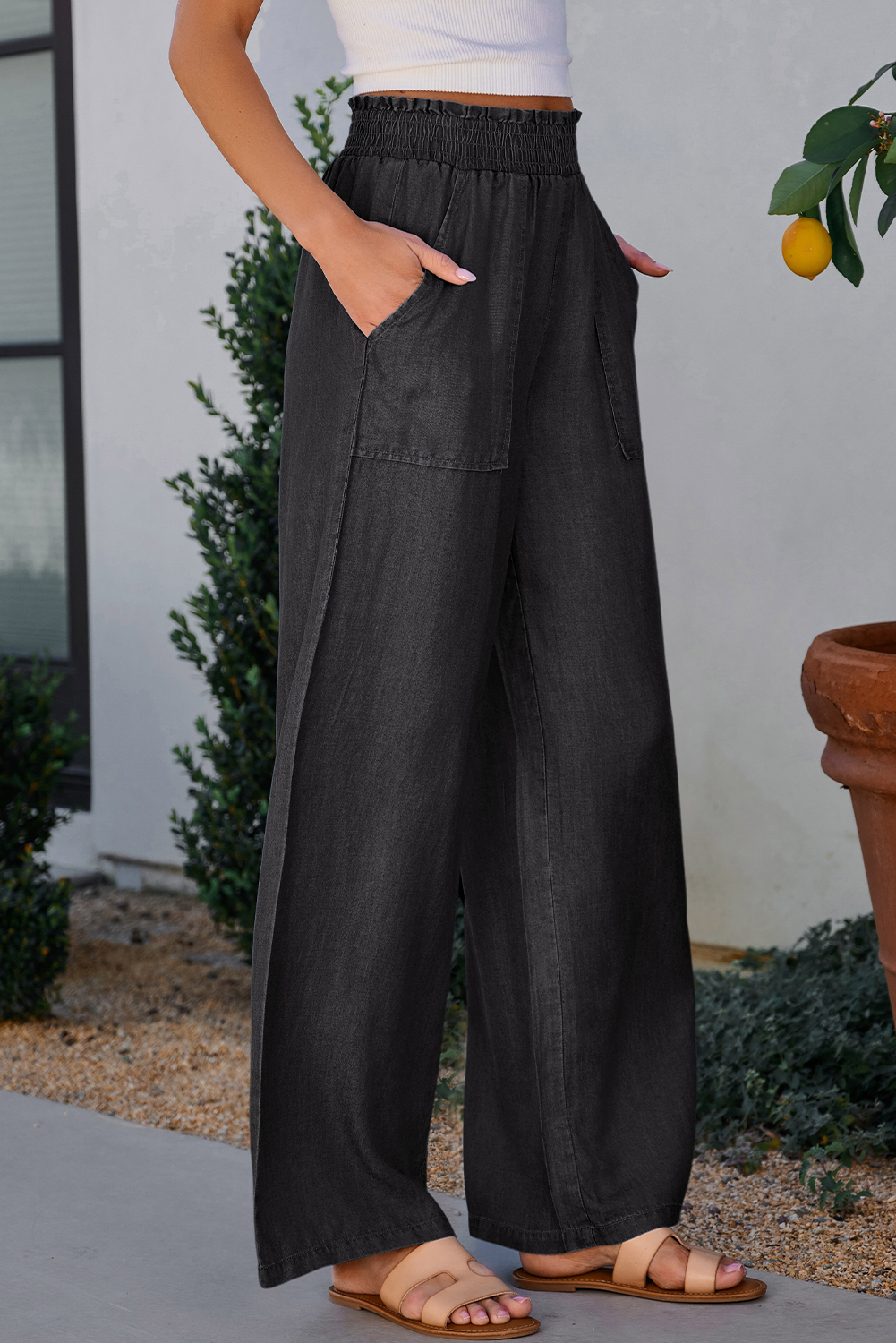 Black Side Pockets Frilled Smocked High Waist Wide Leg Jeans view 2