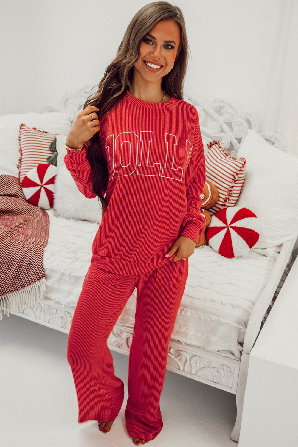 Fiery Red JOLLY Corded Long Sleeve Top and Pockets Pants Set view 8
