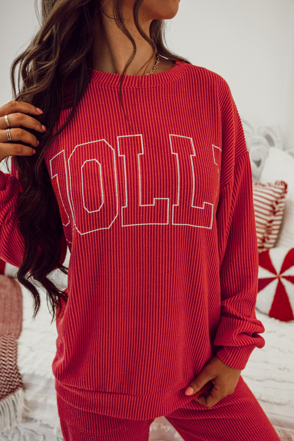 Fiery Red JOLLY Corded Long Sleeve Top and Pockets Pants Set view 4
