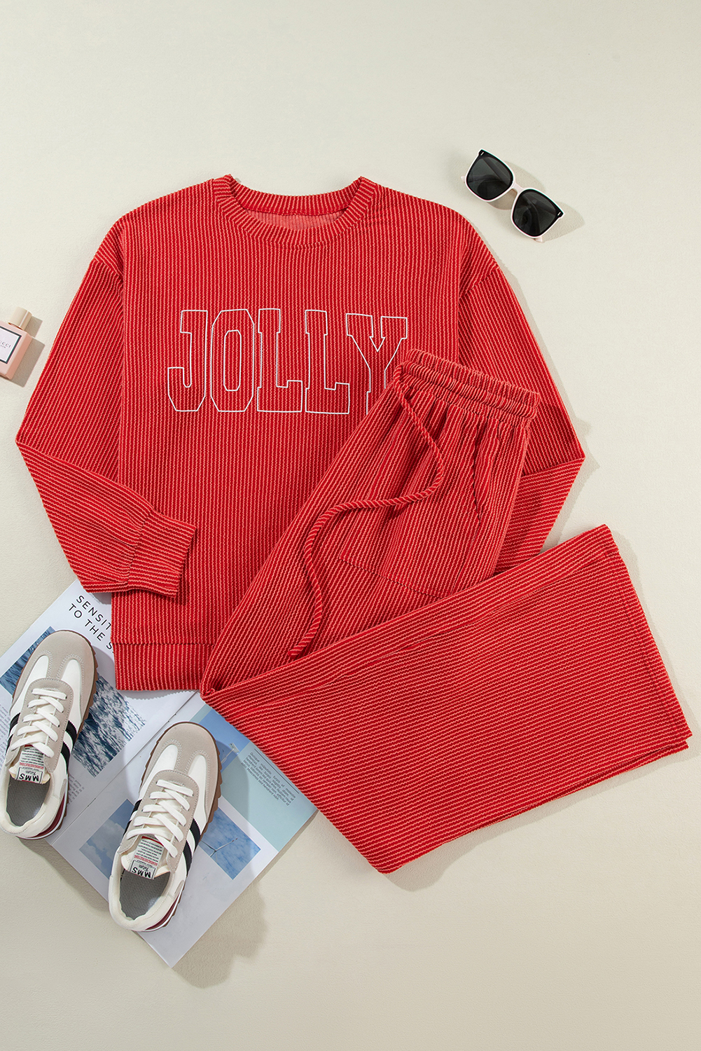 Fiery Red JOLLY Corded Long Sleeve Top and Pockets Pants Set view 13