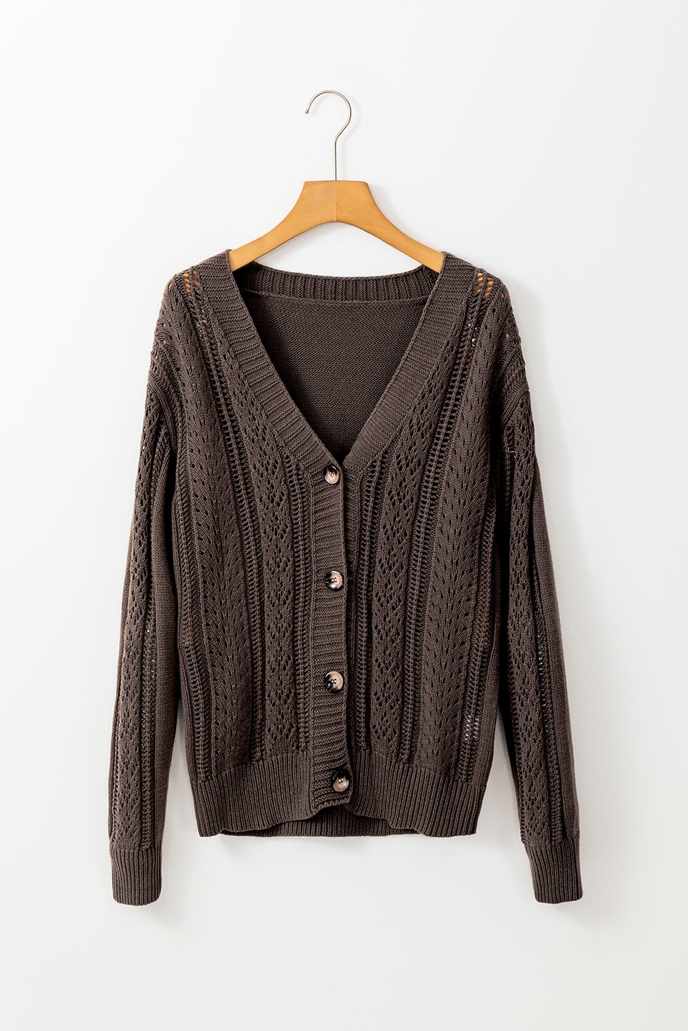 Dark Khaki Open Knit Drop Shoulder Sweater Cardigan view 3