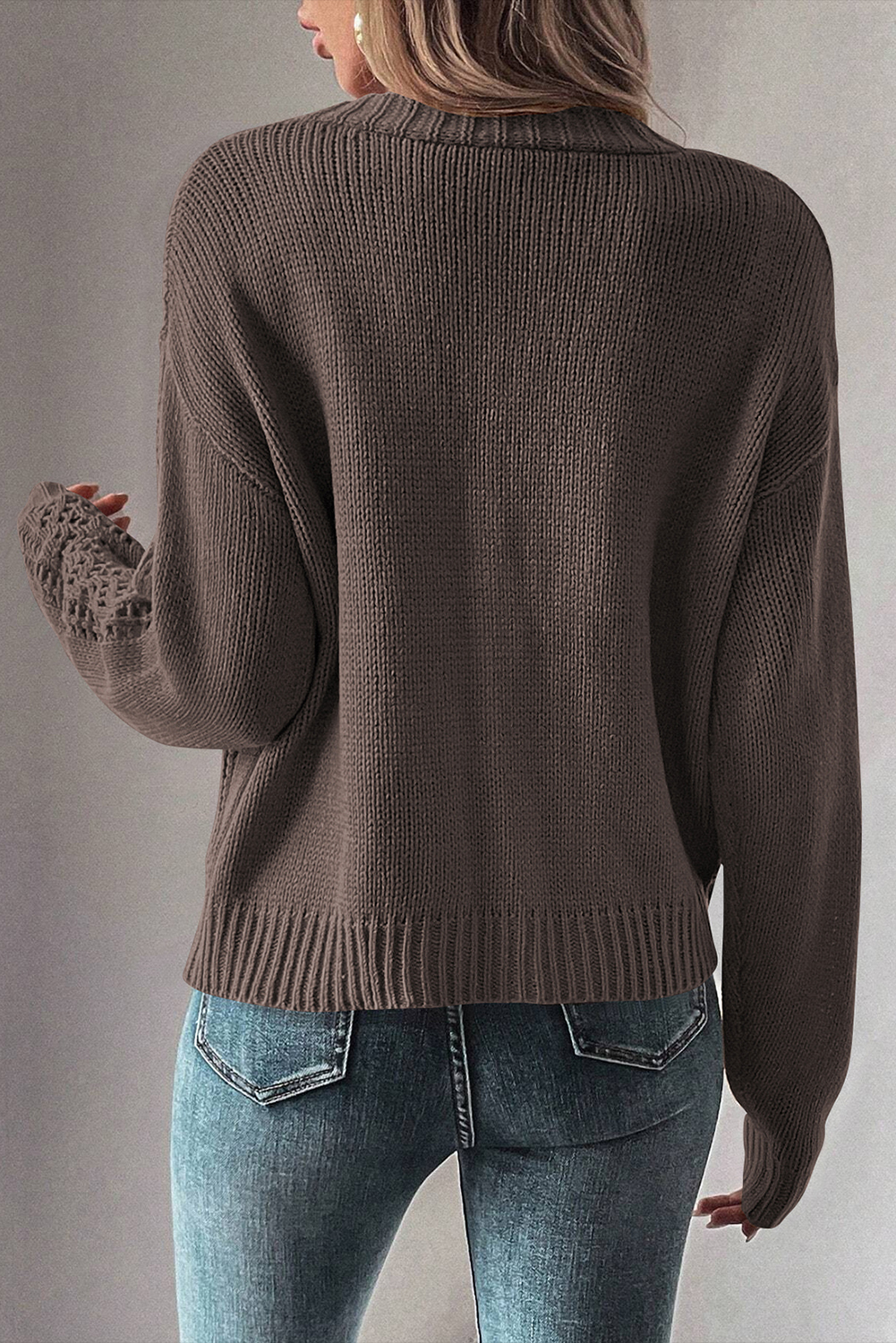 Dark Khaki Open Knit Drop Shoulder Sweater Cardigan view 2