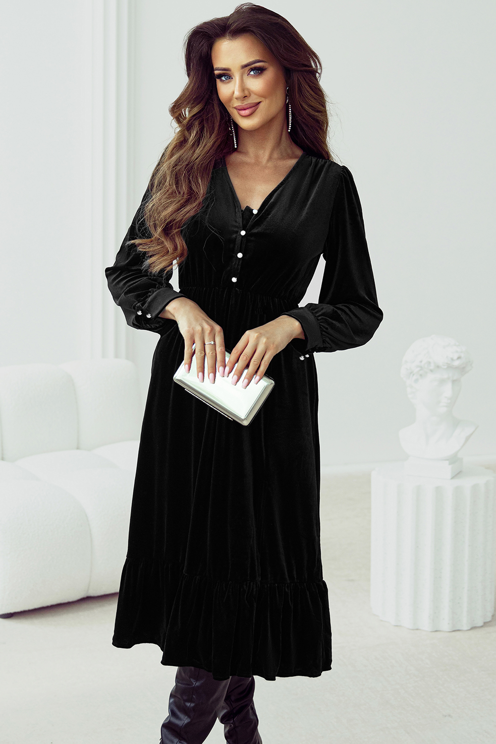 Black Velvet Buttoned Puff Sleeve V Neck Split Midi Dress view 13