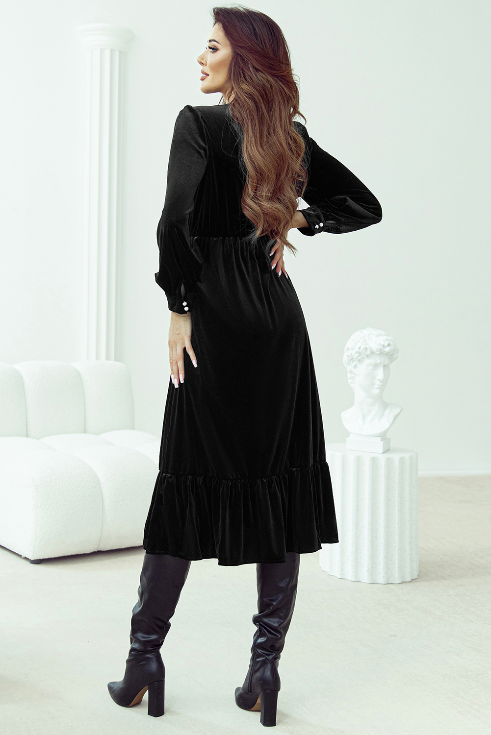 Black Velvet Buttoned Puff Sleeve V Neck Split Midi Dress view 10