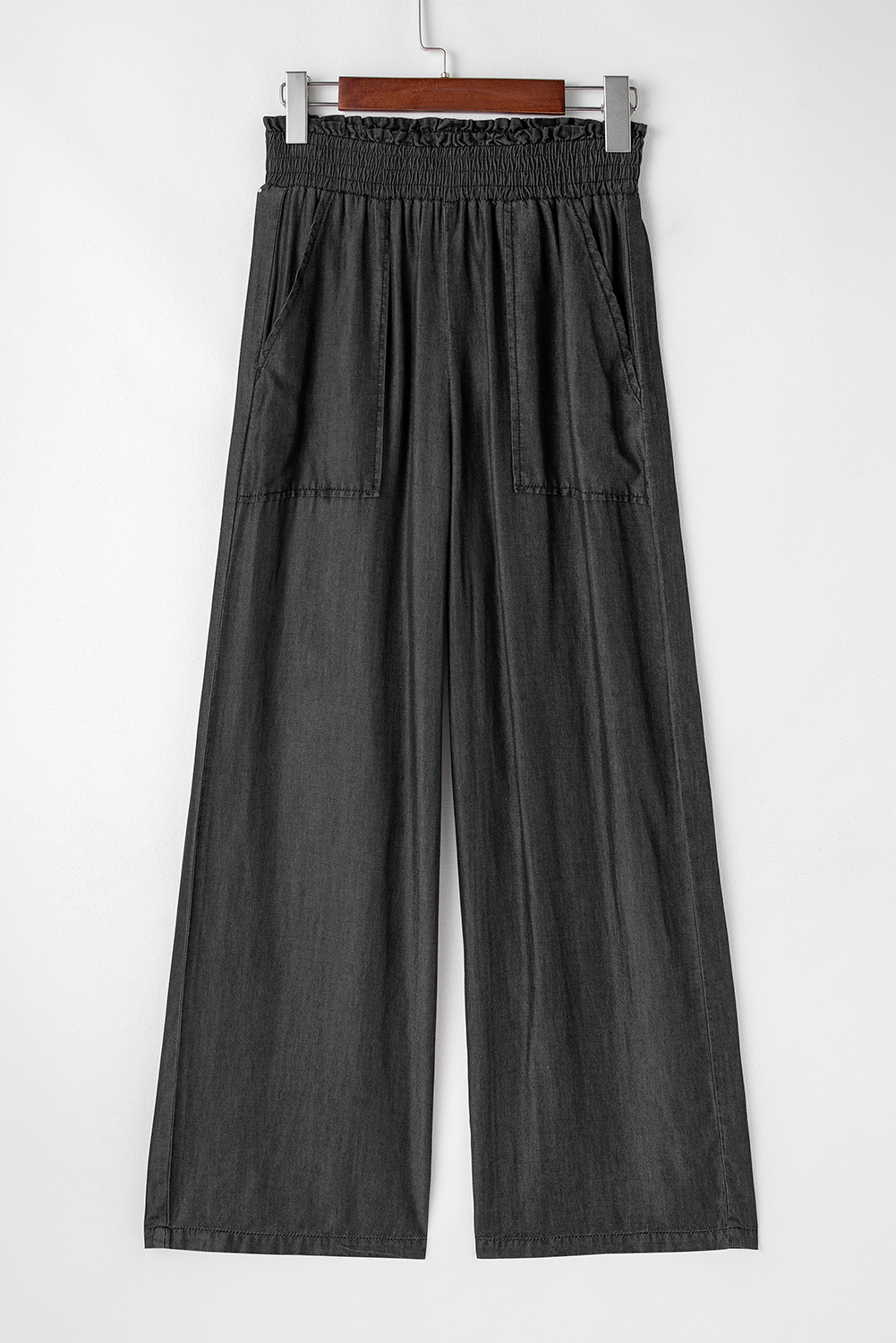 Black Side Pockets Frilled Smocked High Waist Wide Leg Jeans view 6