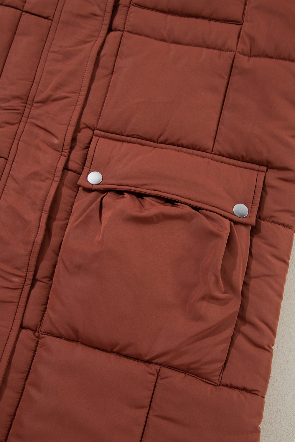 Coffee Quilted Puffer Stand Neck Zipped Mid-length Coat view 8