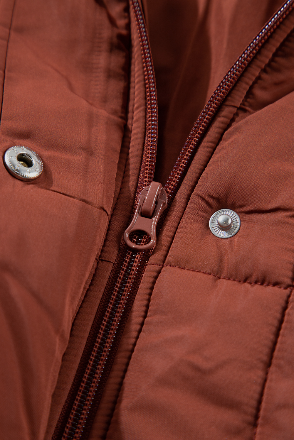 Coffee Quilted Puffer Stand Neck Zipped Mid-length Coat view 13