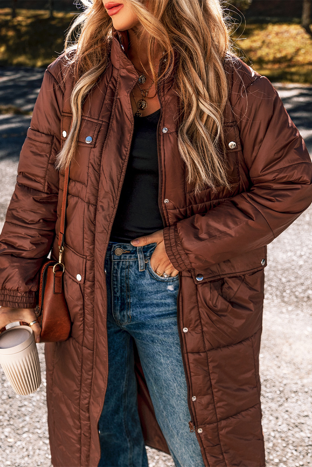 Coffee Quilted Puffer Stand Neck Zipped Mid-length Coat view 4