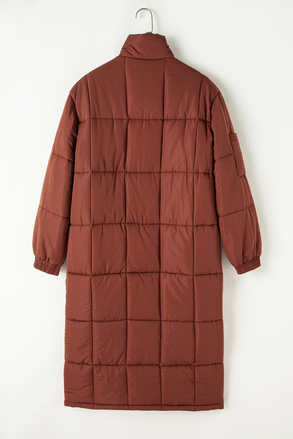 Coffee Quilted Puffer Stand Neck Zipped Mid-length Coat view 7