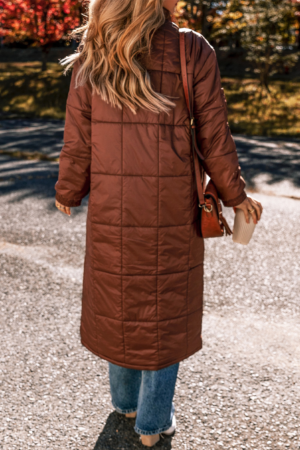 Coffee Quilted Puffer Stand Neck Zipped Mid-length Coat view 2