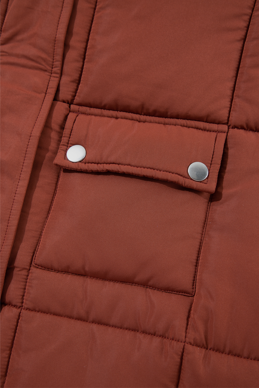 Coffee Quilted Puffer Stand Neck Zipped Mid-length Coat view 9