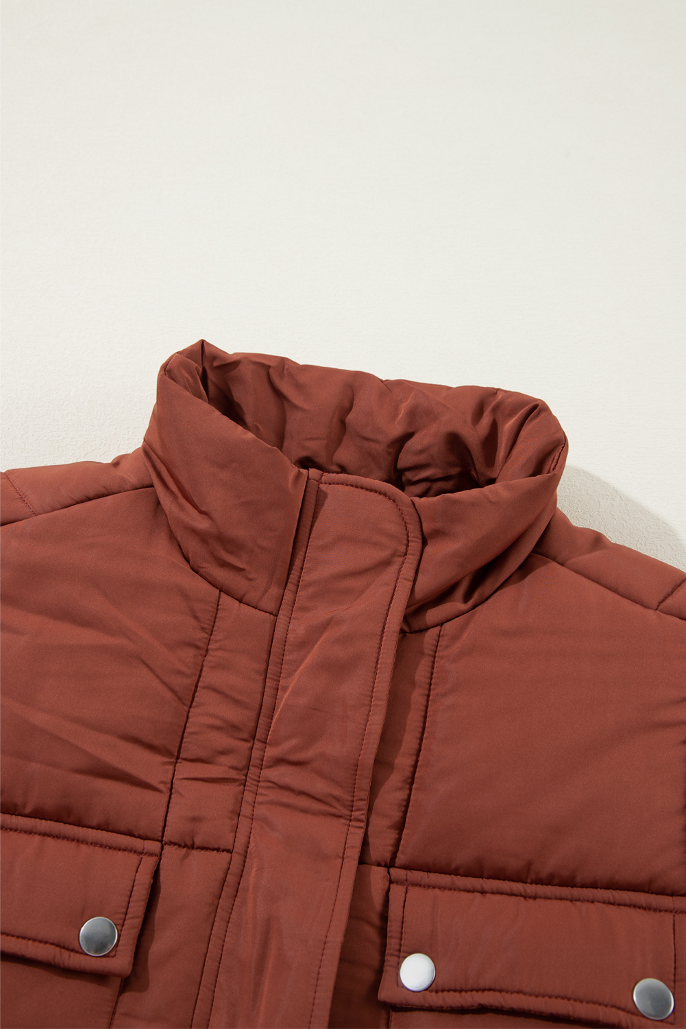 Coffee Quilted Puffer Stand Neck Zipped Mid-length Coat view 10
