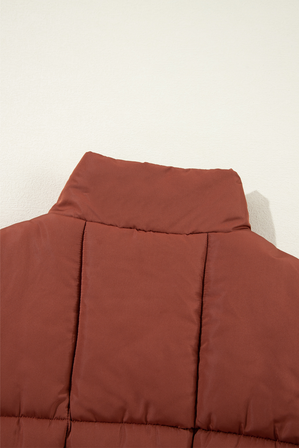 Coffee Quilted Puffer Stand Neck Zipped Mid-length Coat view 14