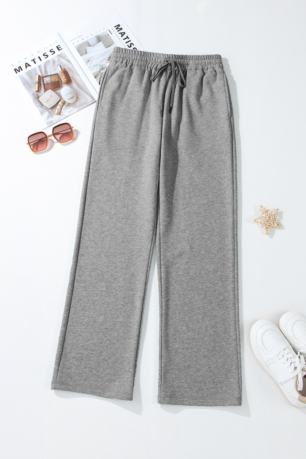 Light Grey Solid Color Fleece Lined Drawstring Waist Casual Pants view 6