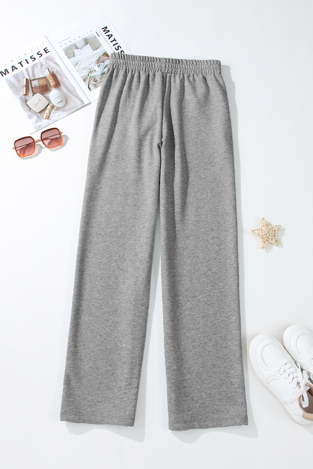 Light Grey Solid Color Fleece Lined Drawstring Waist Casual Pants view 7