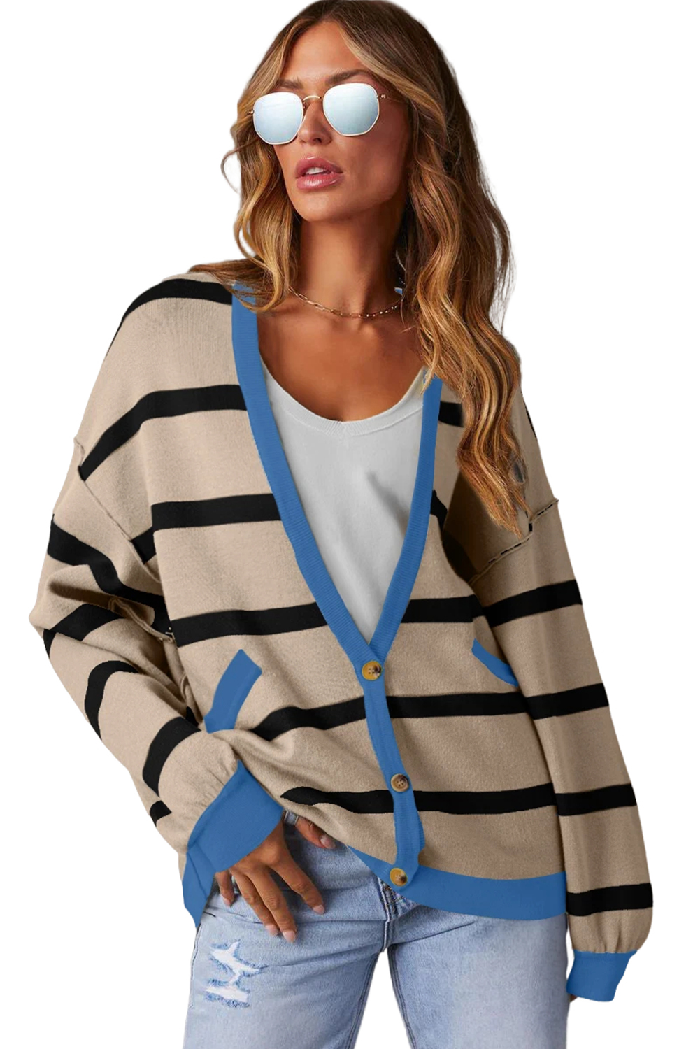 White Colorblock Drop Shoulder Buttoned Loose Cardigan view 20