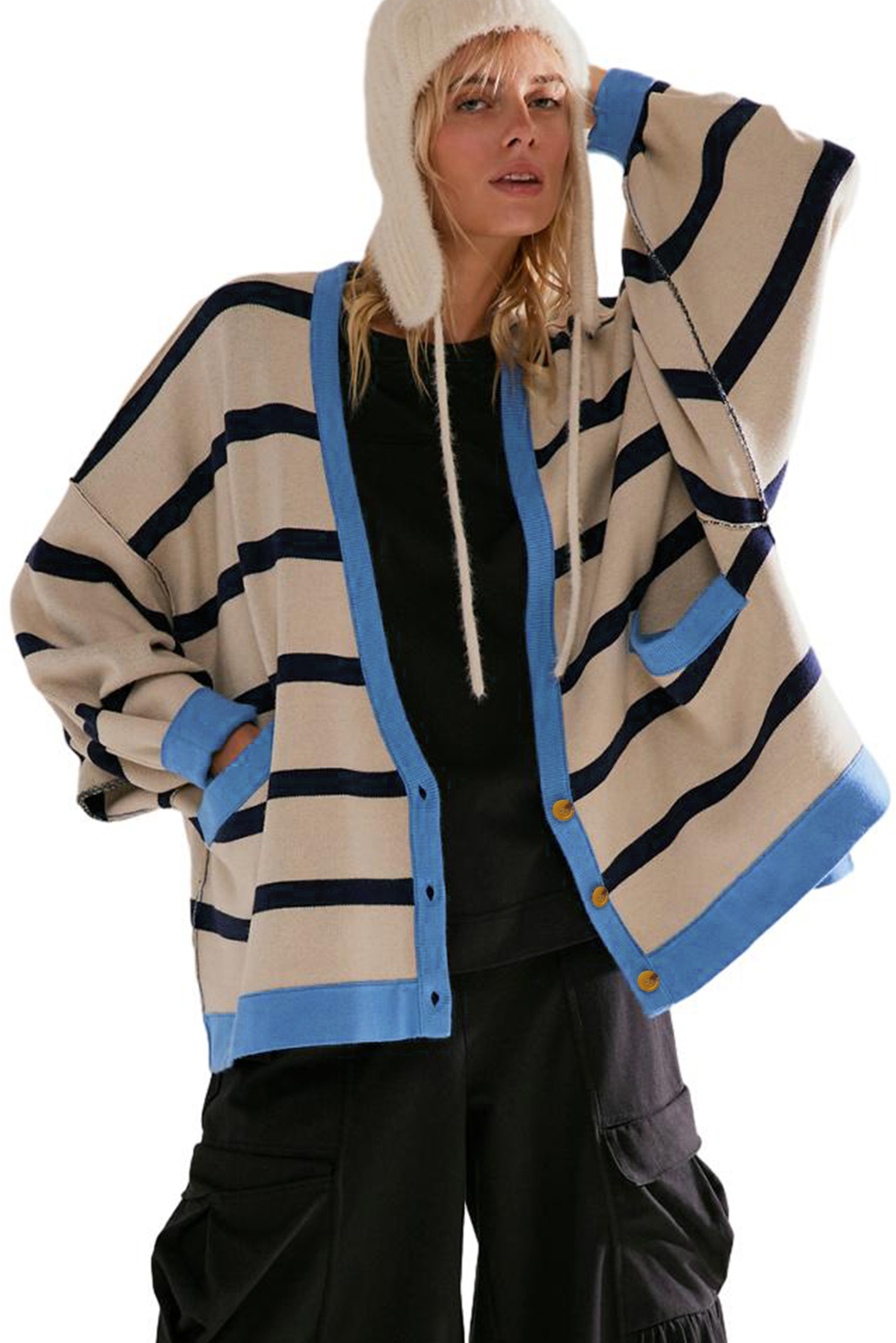 White Colorblock Drop Shoulder Buttoned Loose Cardigan view 21