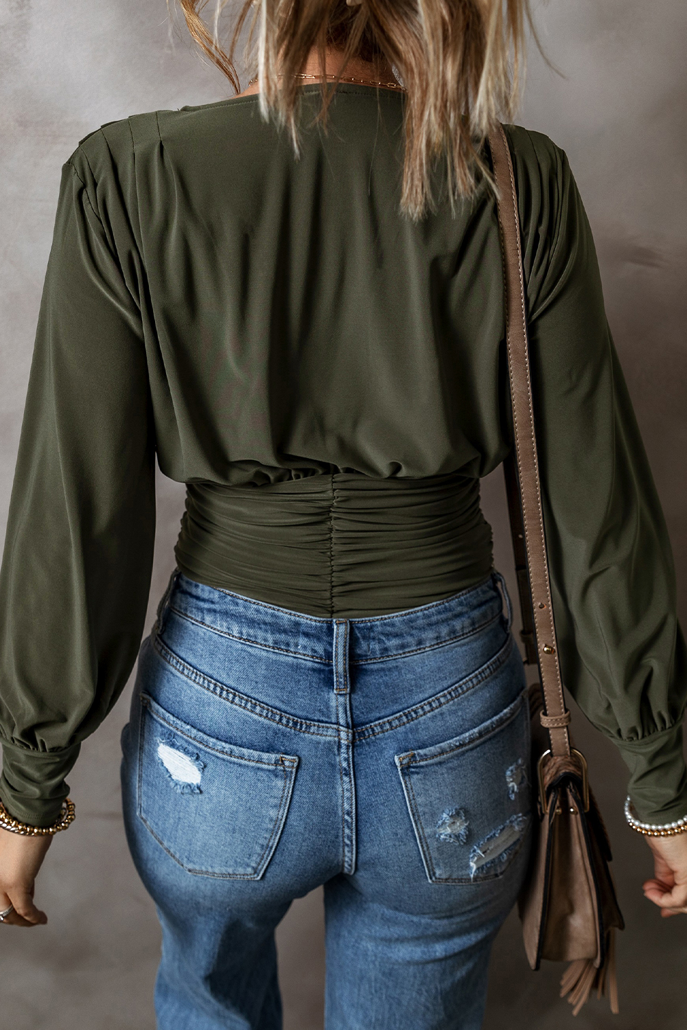 Moss Green Ruched Wrap V Neck Long Sleeve Bodysuit view 2