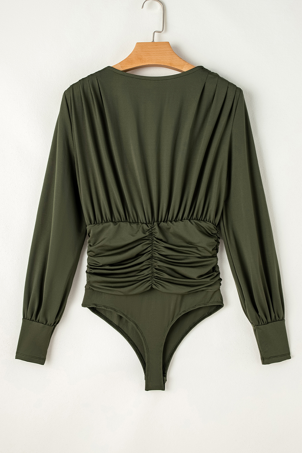 Moss Green Ruched Wrap V Neck Long Sleeve Bodysuit view 7