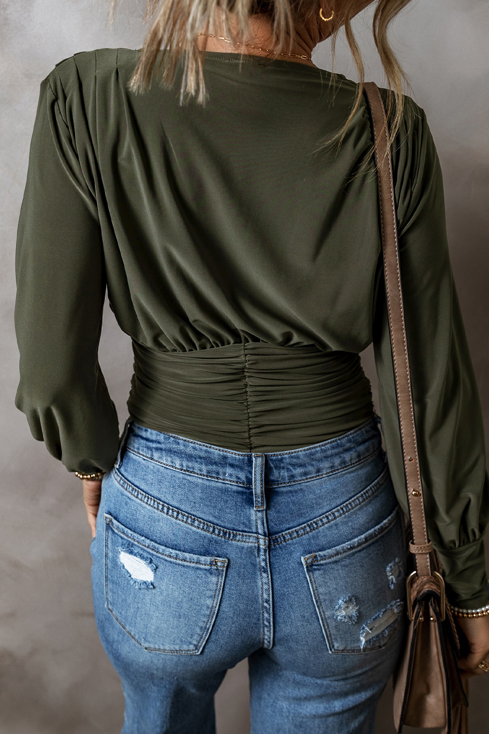 Moss Green Ruched Wrap V Neck Long Sleeve Bodysuit view 5