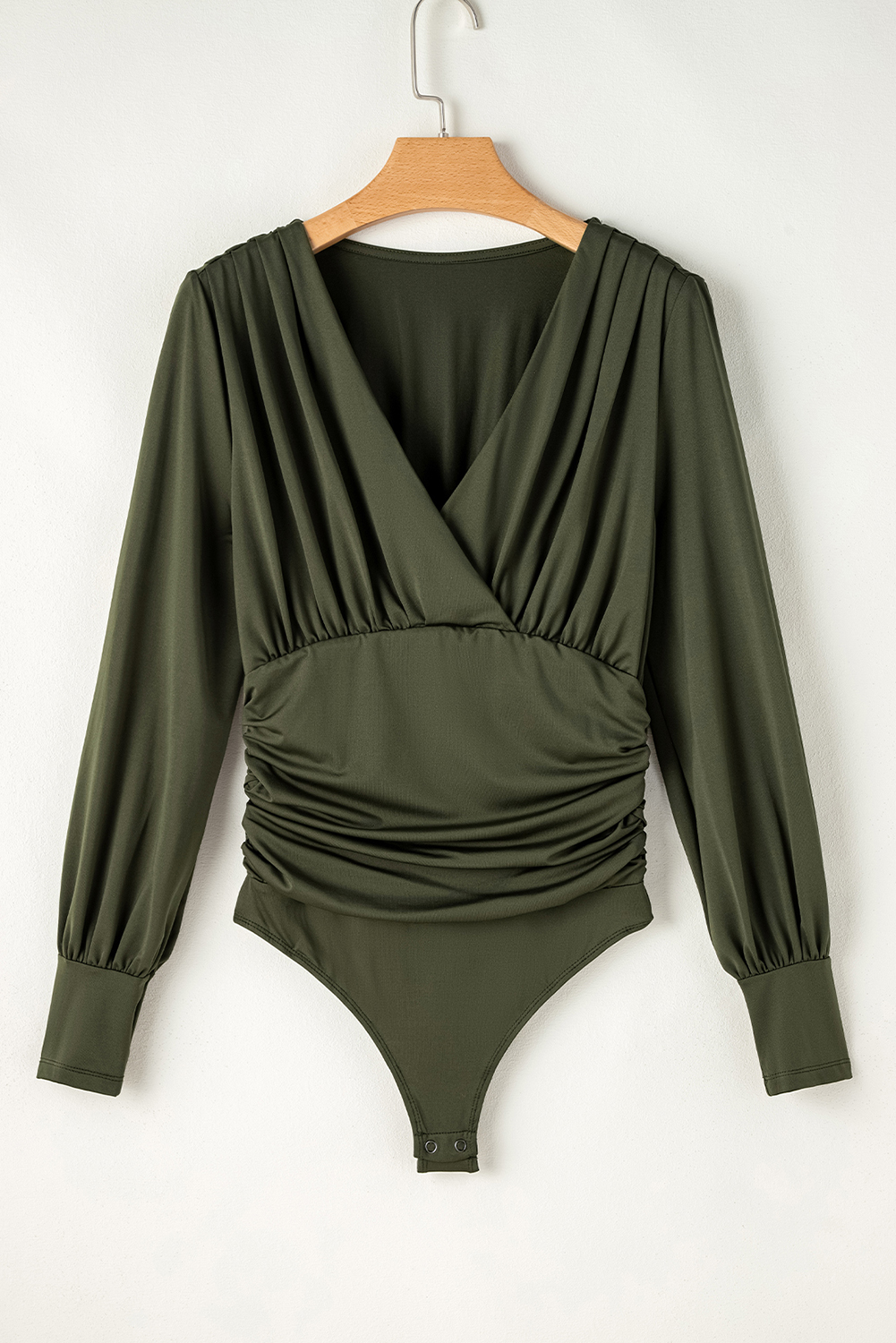 Moss Green Ruched Wrap V Neck Long Sleeve Bodysuit view 6
