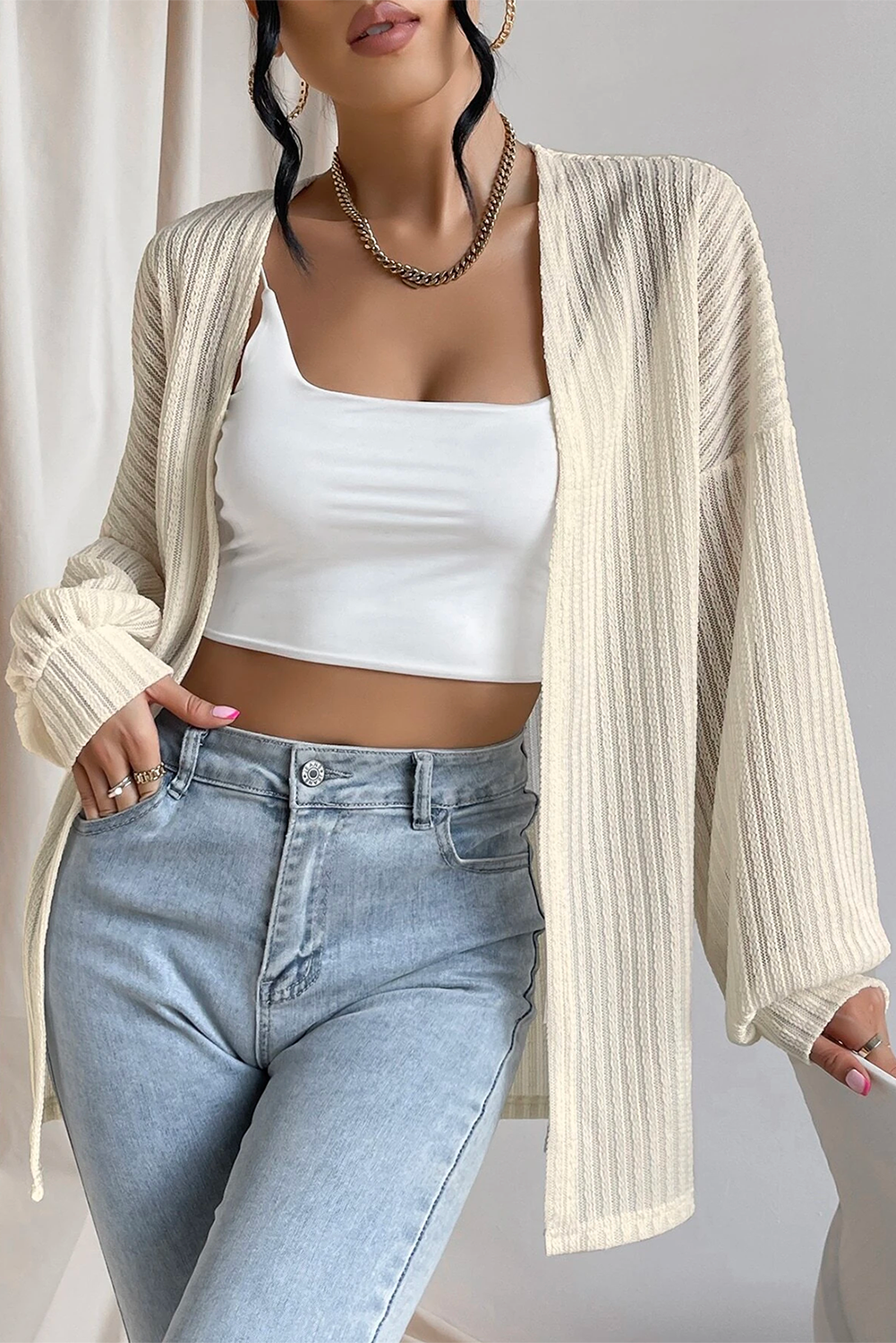 Beige Textured Lantern Sleeve Open Kimono view 9