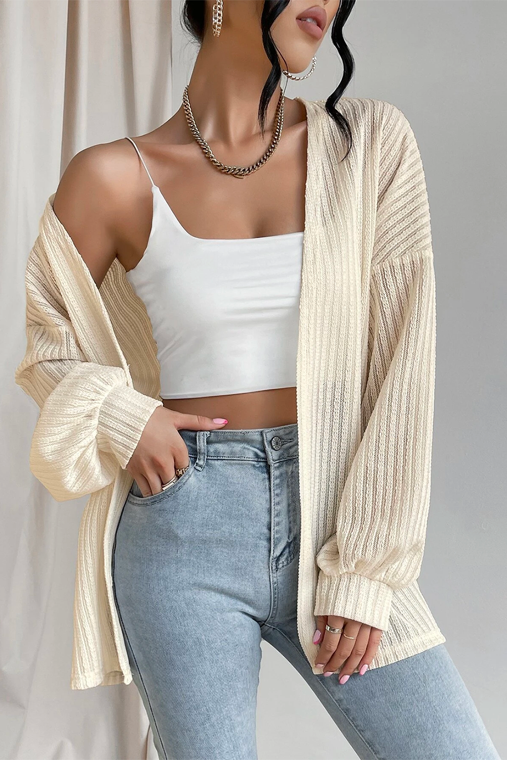 Beige Textured Lantern Sleeve Open Kimono view 10