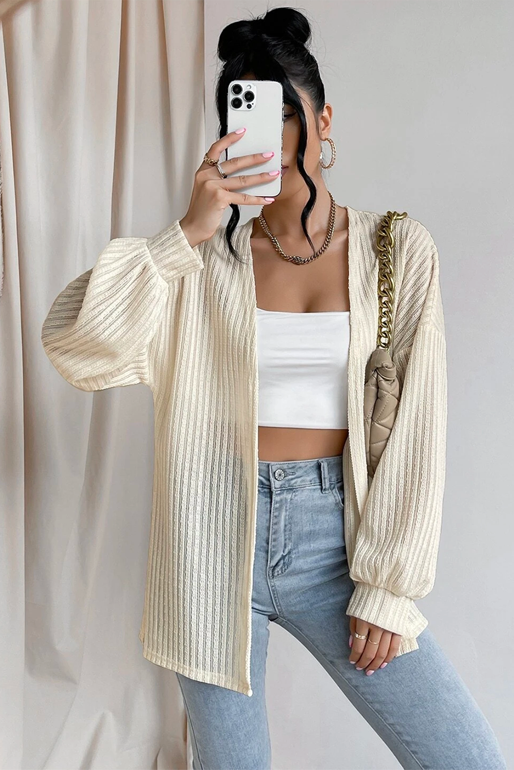 Beige Textured Lantern Sleeve Open Kimono view 11