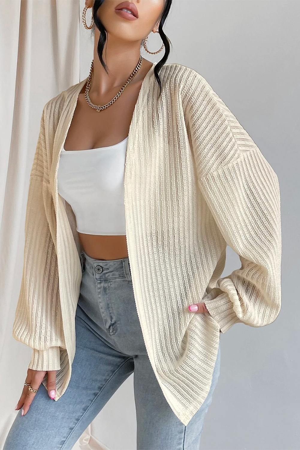Beige Textured Lantern Sleeve Open Kimono view 7