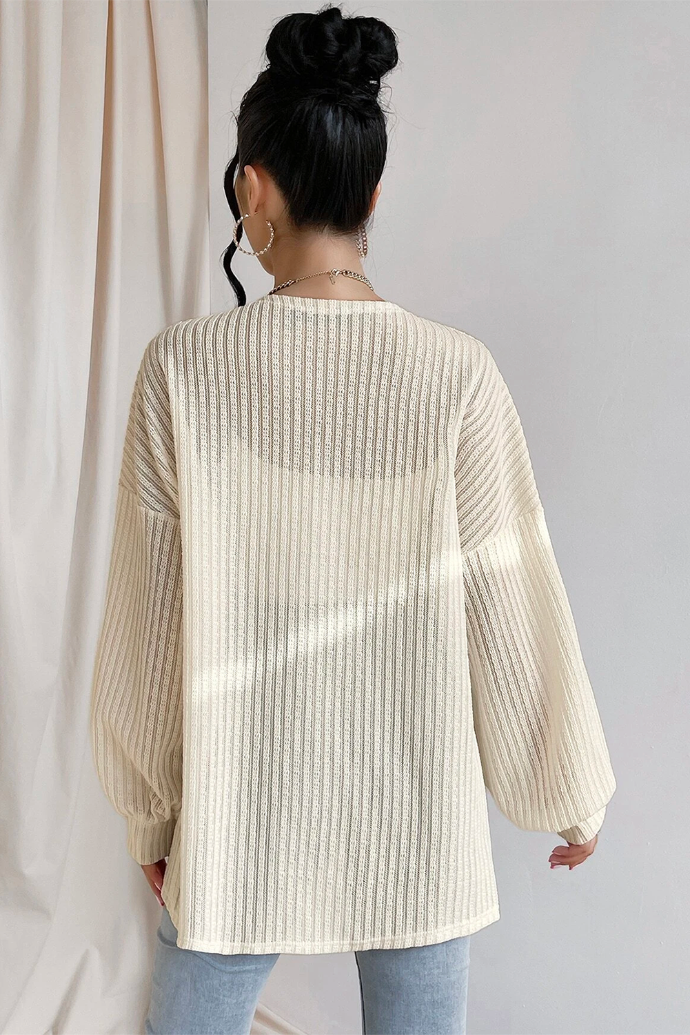 Beige Textured Lantern Sleeve Open Kimono view 8