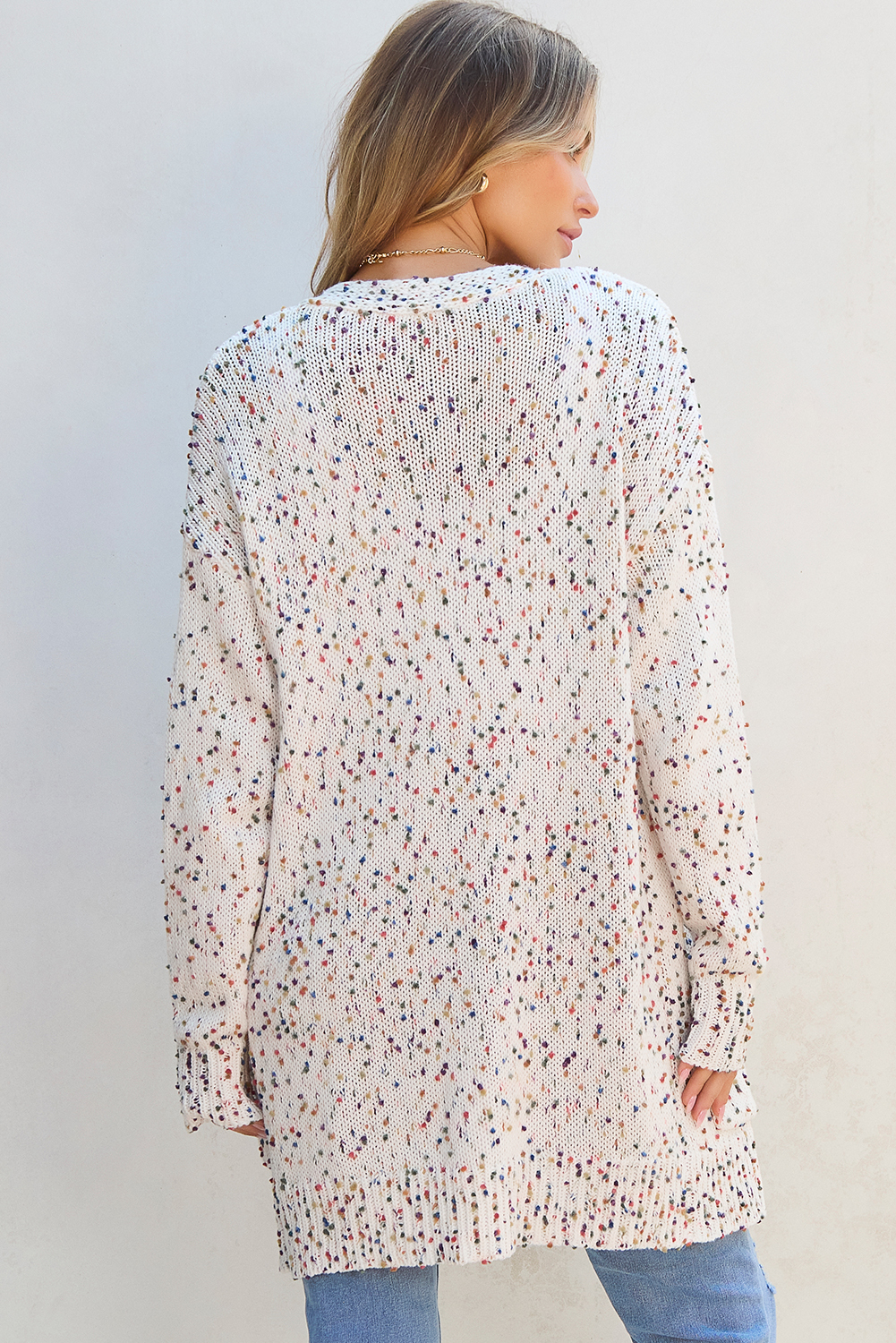 White Confetti Rib Knit Long Sleeve Cardigan view 2