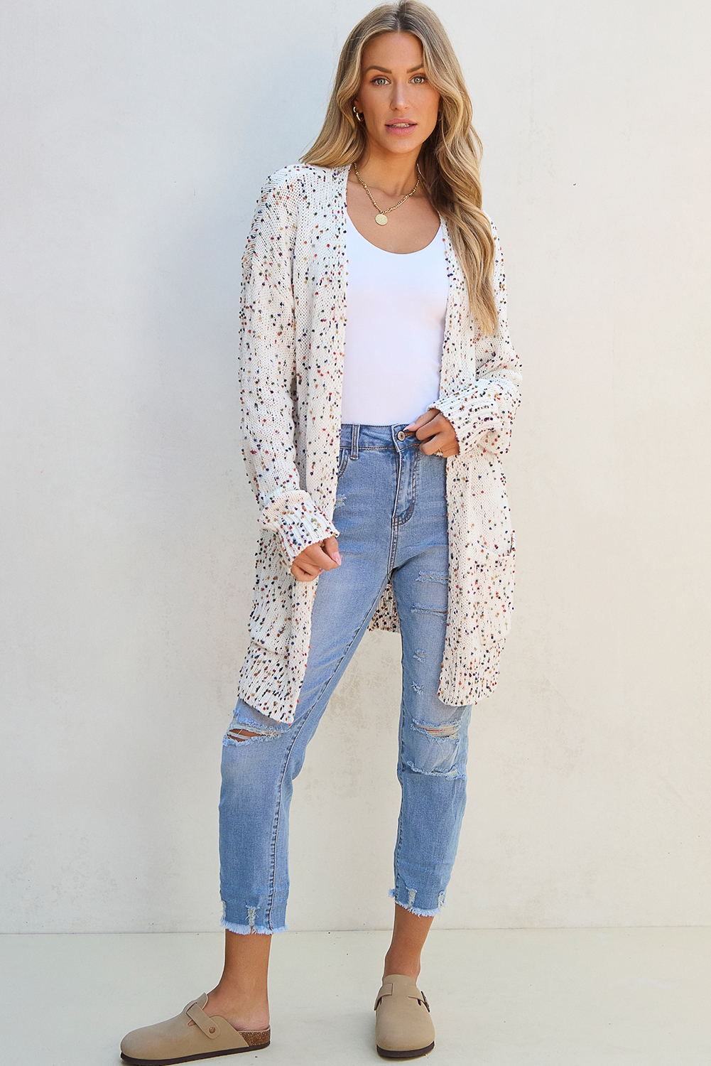 White Confetti Rib Knit Long Sleeve Cardigan view 6