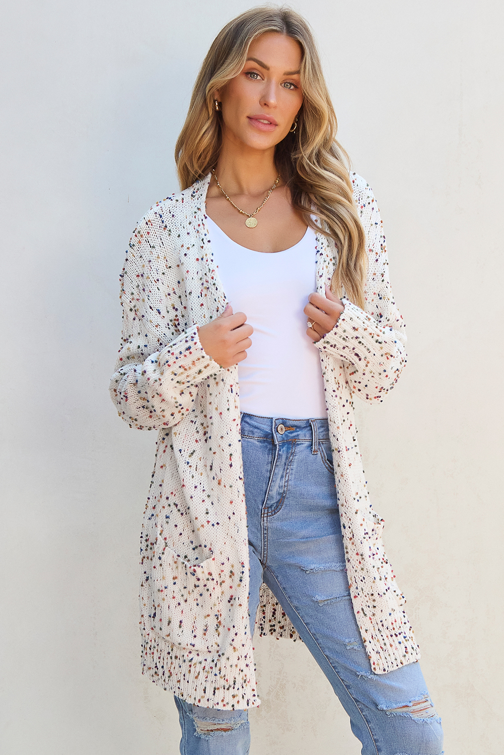 White Confetti Rib Knit Long Sleeve Cardigan view 4