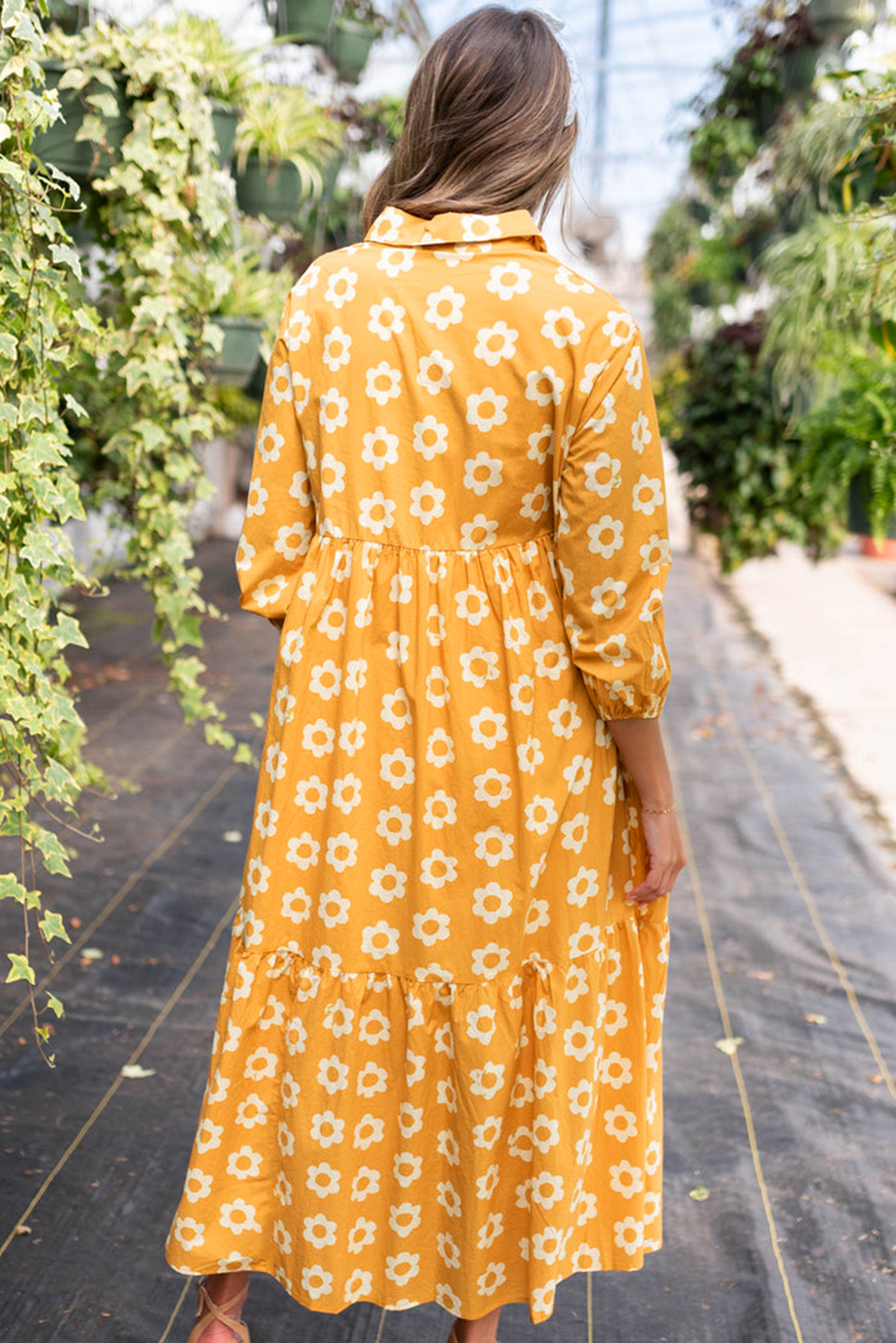 Yellow Flower Print Bracelet Sleeve Buttons Collared Maxi Dress view 11