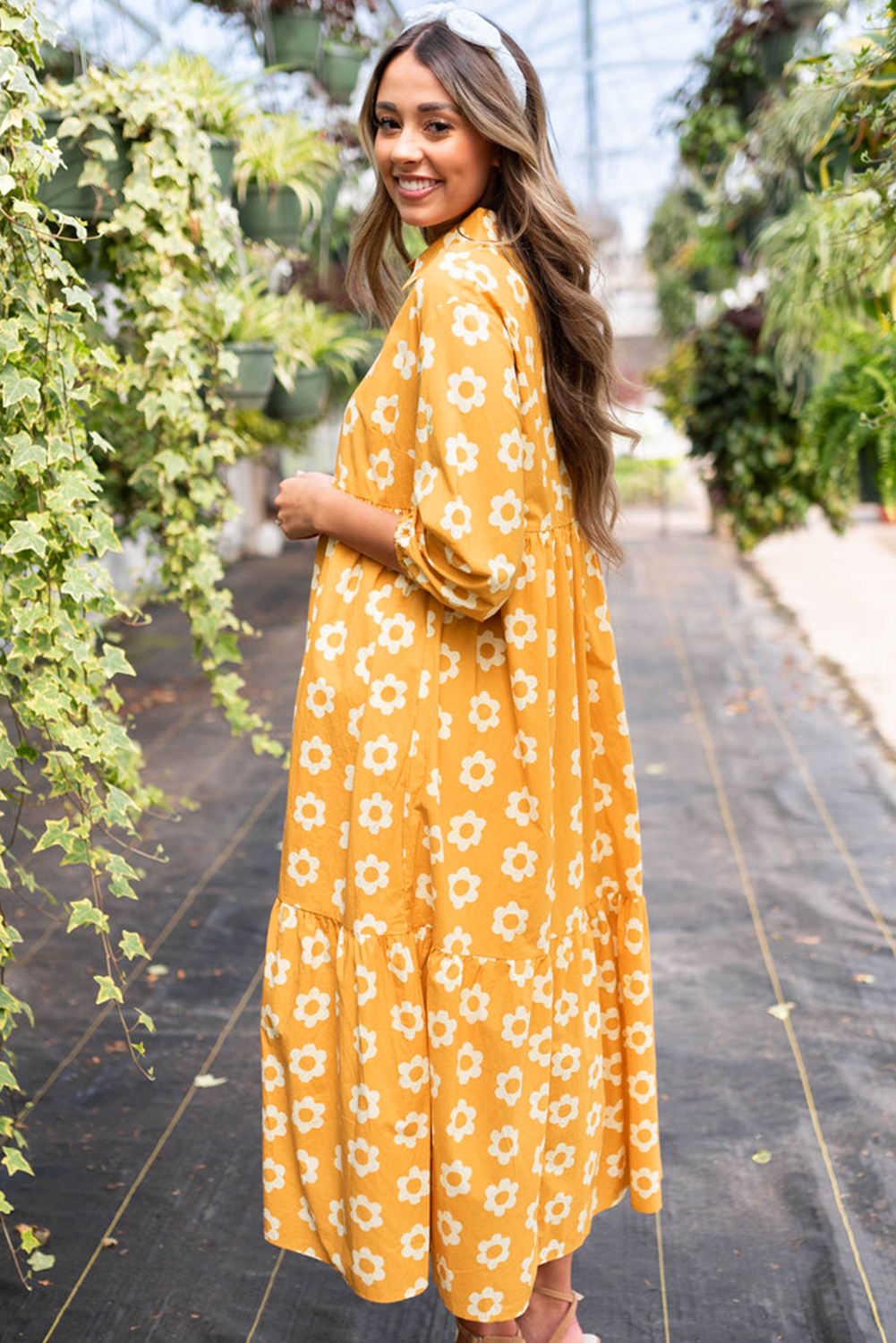 Yellow Flower Print Bracelet Sleeve Buttons Collared Maxi Dress view 7