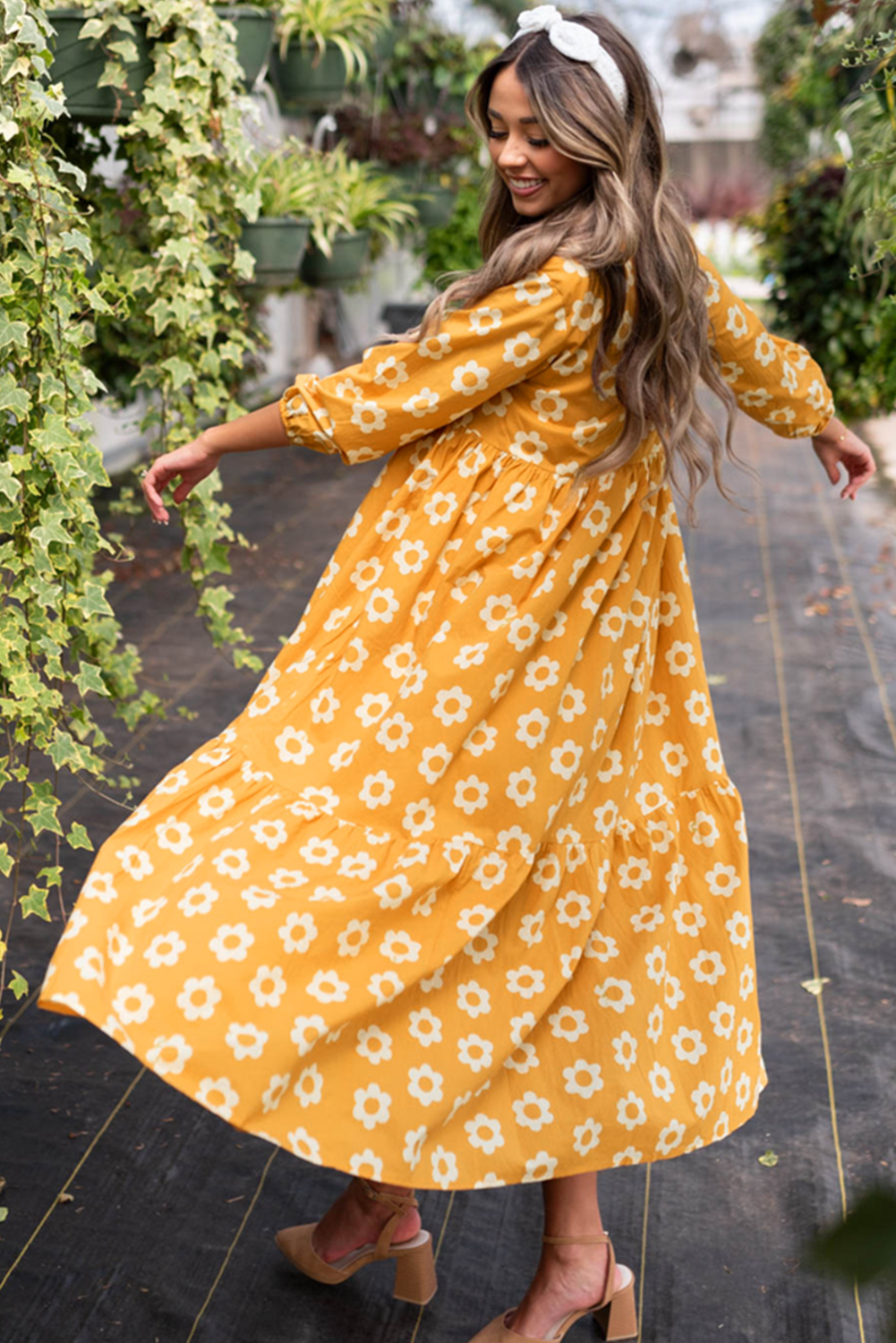 Yellow Flower Print Bracelet Sleeve Buttons Collared Maxi Dress view 10