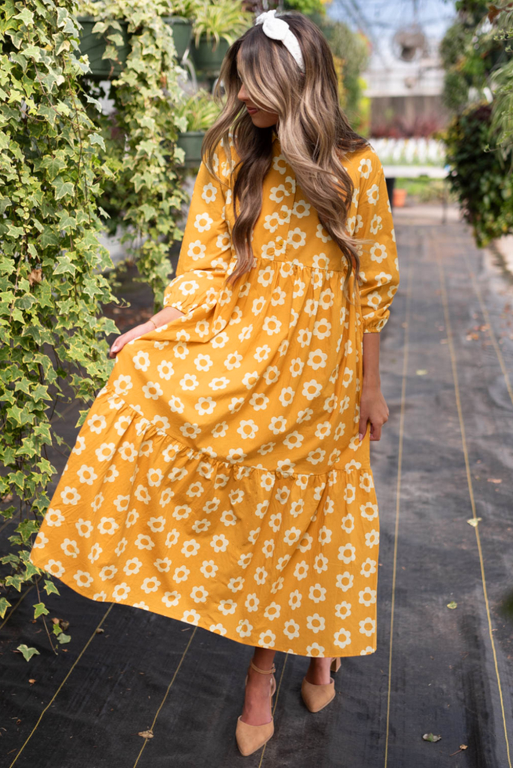 Yellow Flower Print Bracelet Sleeve Buttons Collared Maxi Dress view 8