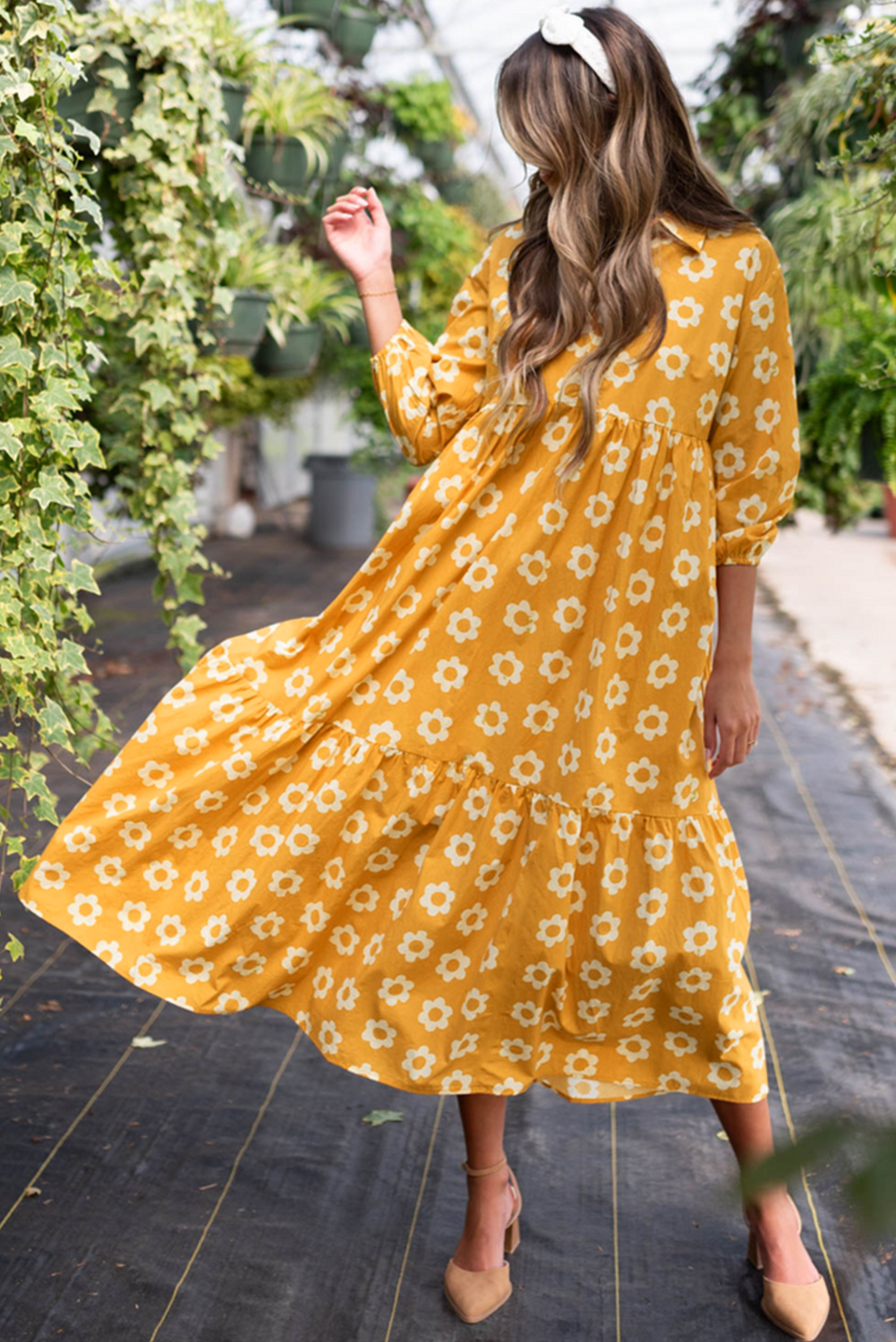 Yellow Flower Print Bracelet Sleeve Buttons Collared Maxi Dress view 12