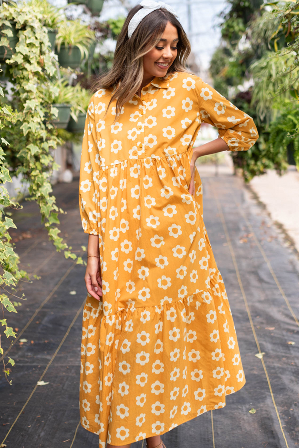 Yellow Flower Print Bracelet Sleeve Buttons Collared Maxi Dress view 9
