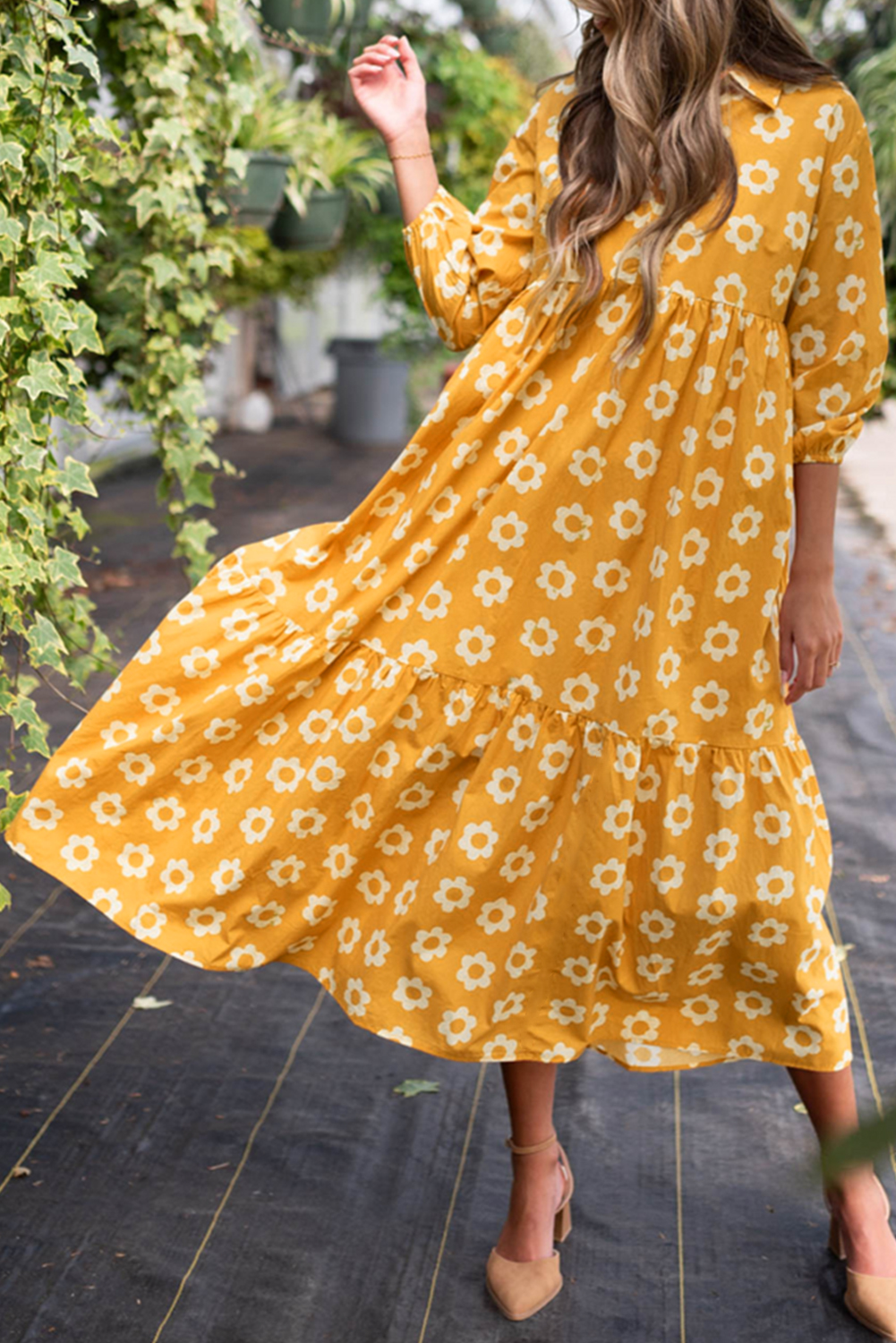 Yellow Flower Print Bracelet Sleeve Buttons Collared Maxi Dress view 6