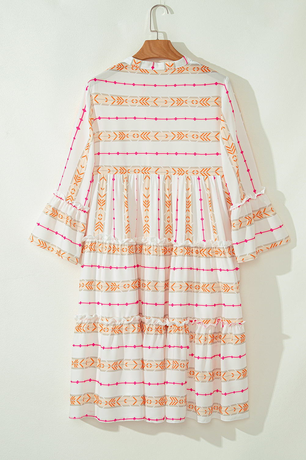 Orange Bohemian Printed Bracelet Sleeve Slit Neck Ruffled Loose Dress view 13